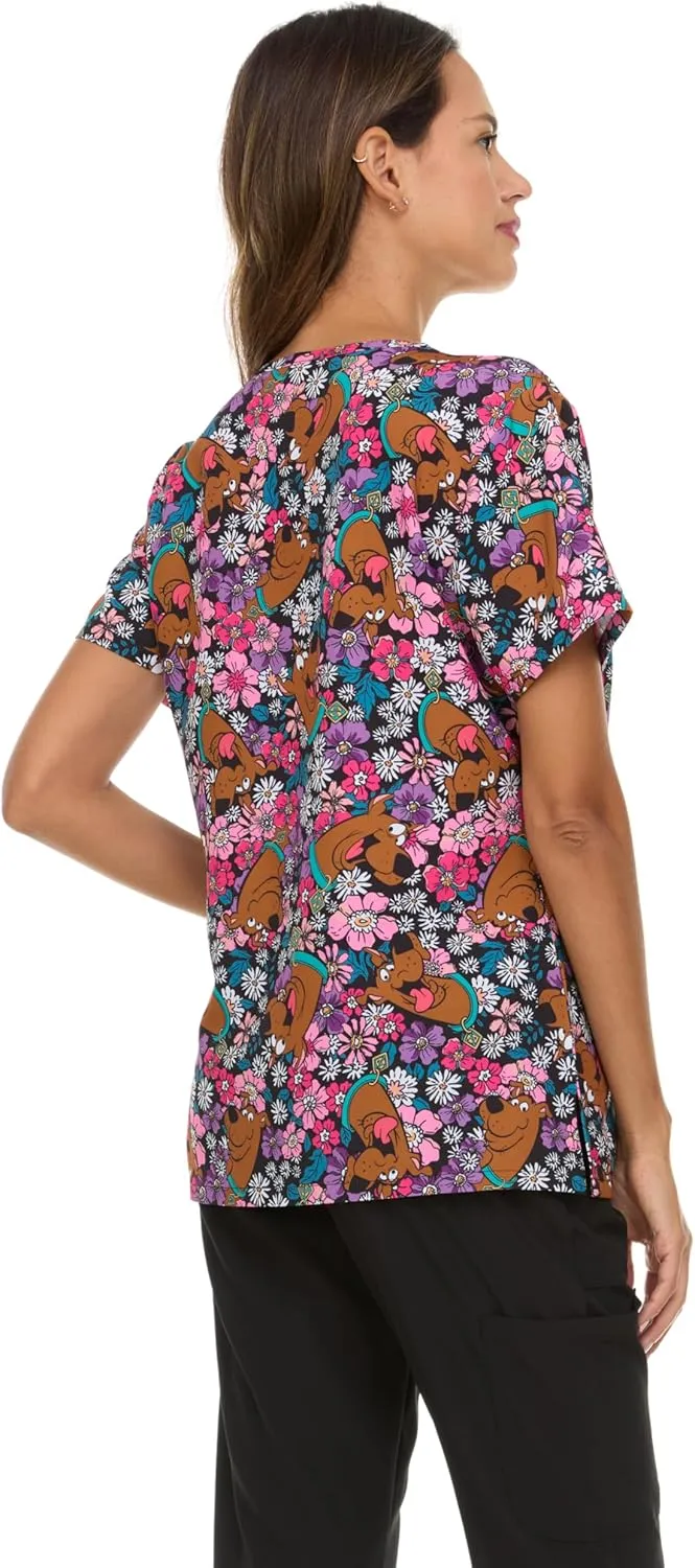 Scooby-Doo Women's All Over Print, V-Neck Scrub Top with Pockets - Comfortable Work Uniform