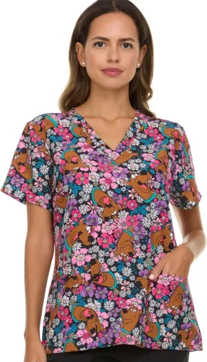 Scooby-Doo Women's All Over Print, V-Neck Scrub Top with Pockets - Comfortable Work Uniform