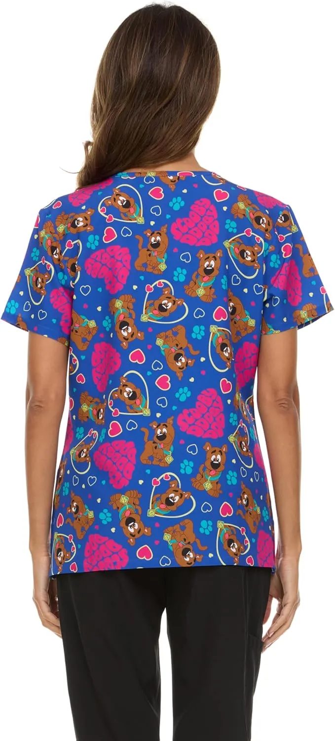 Scooby-Doo Women's All Over Print, V-Neck Scrub Top with Pockets - Comfortable Work Uniform