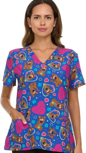 Scooby-Doo Women's All Over Print, V-Neck Scrub Top with Pockets - Comfortable Work Uniform