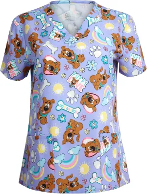 Scooby-Doo Women's All Over Print, V-Neck Scrub Top with Pockets - Comfortable Work Uniform