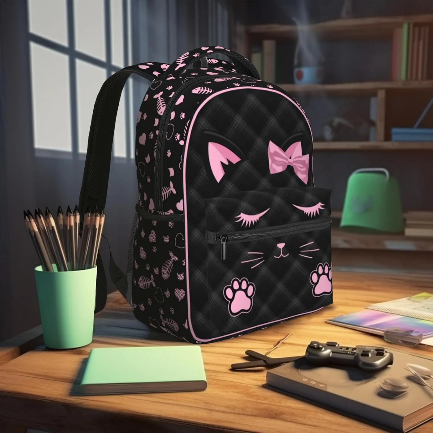 SENROLAN Cute Cat Backpack for Girls Black Pink Animal Cat Print School Bags Lightweight Waterproof Adjustable Students Bookbag for Kids Children Teenager Travel Daypack