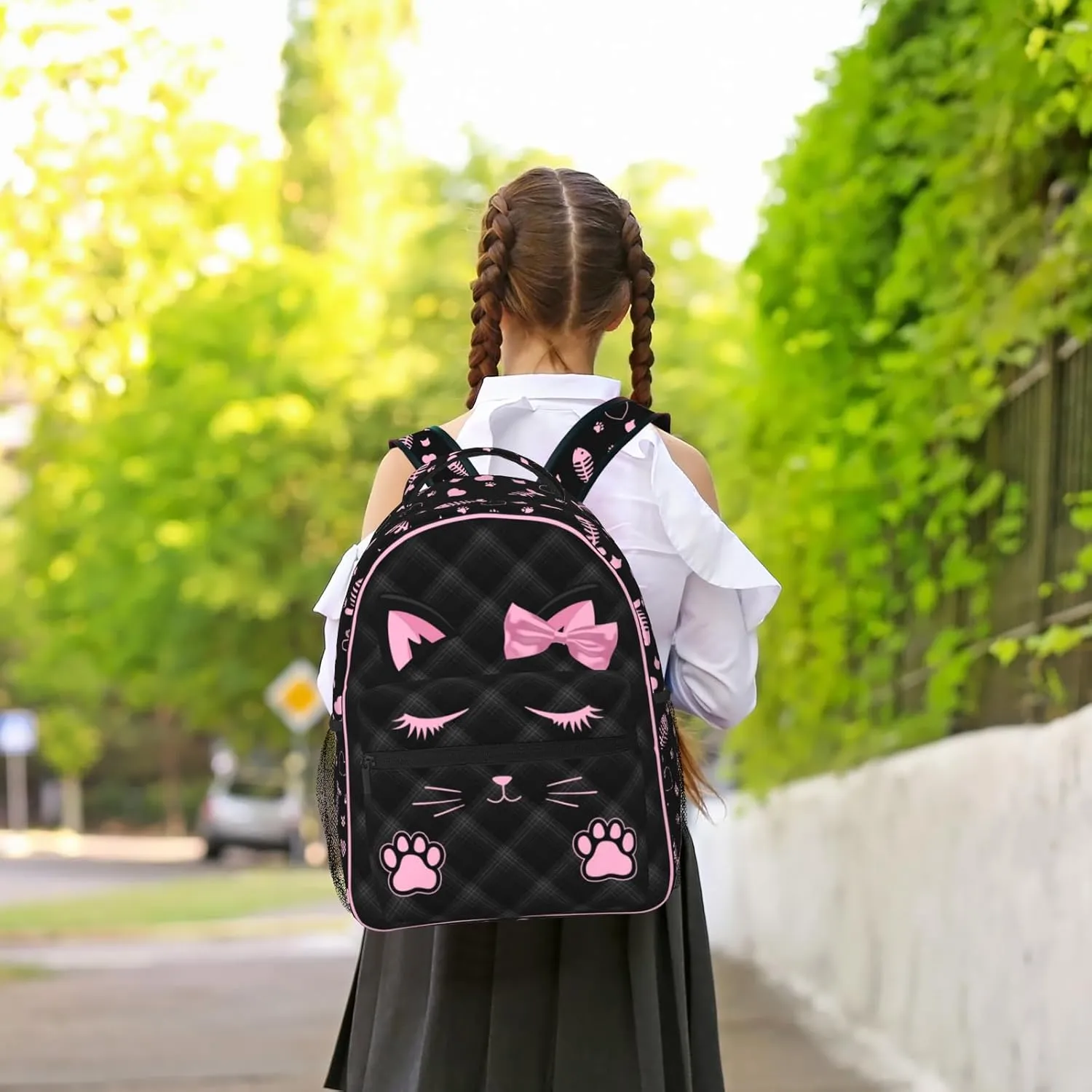 SENROLAN Cute Cat Backpack for Girls Black Pink Animal Cat Print School Bags Lightweight Waterproof Adjustable Students Bookbag for Kids Children Teenager Travel Daypack