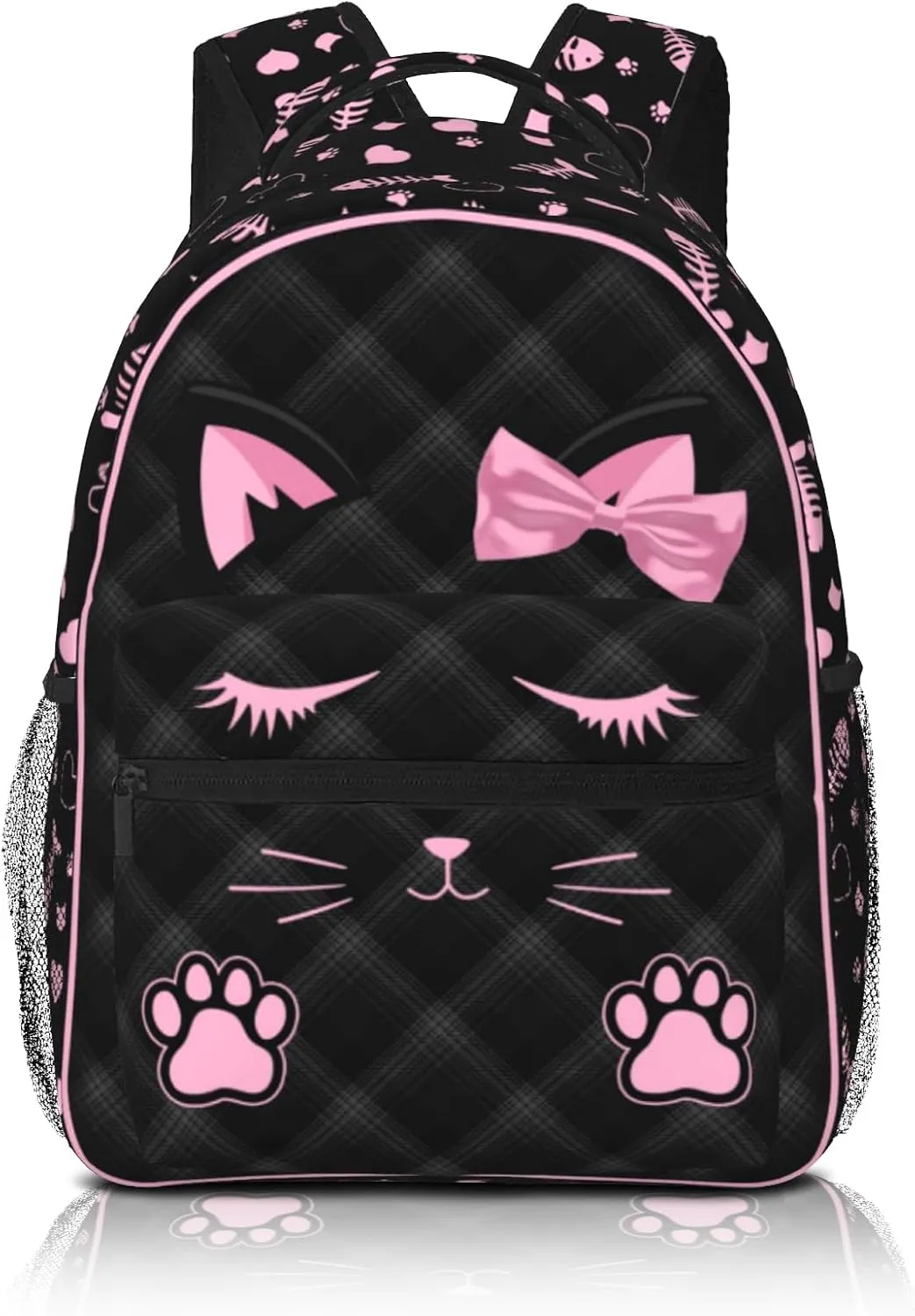 SENROLAN Cute Cat Backpack for Girls Black Pink Animal Cat Print School Bags Lightweight Waterproof Adjustable Students Bookbag for Kids Children Teenager Travel Daypack