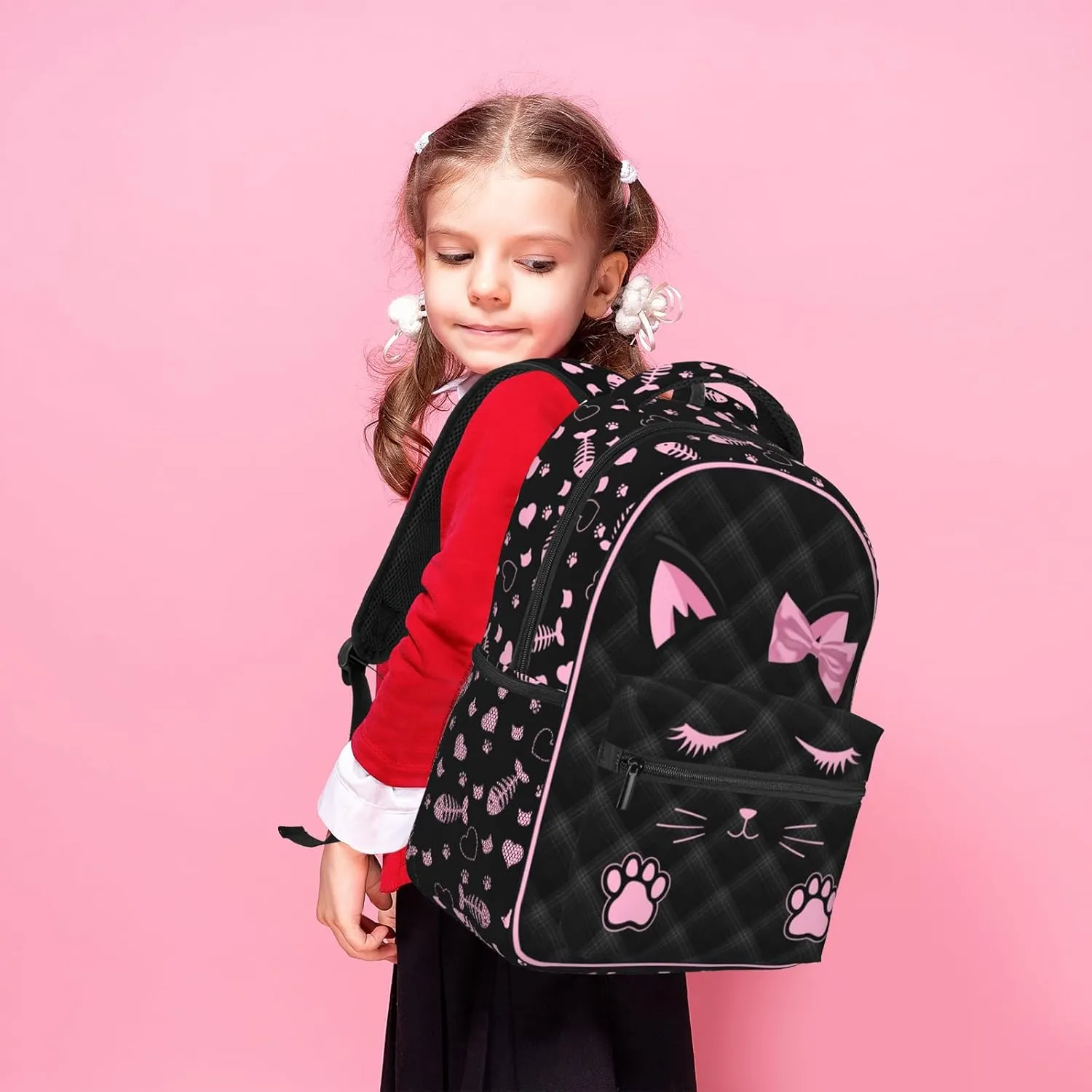 SENROLAN Cute Cat Backpack for Girls Black Pink Animal Cat Print School Bags Lightweight Waterproof Adjustable Students Bookbag for Kids Children Teenager Travel Daypack
