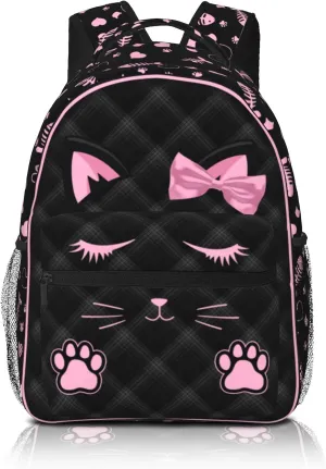 SENROLAN Cute Cat Backpack for Girls Black Pink Animal Cat Print School Bags Lightweight Waterproof Adjustable Students Bookbag for Kids Children Teenager Travel Daypack