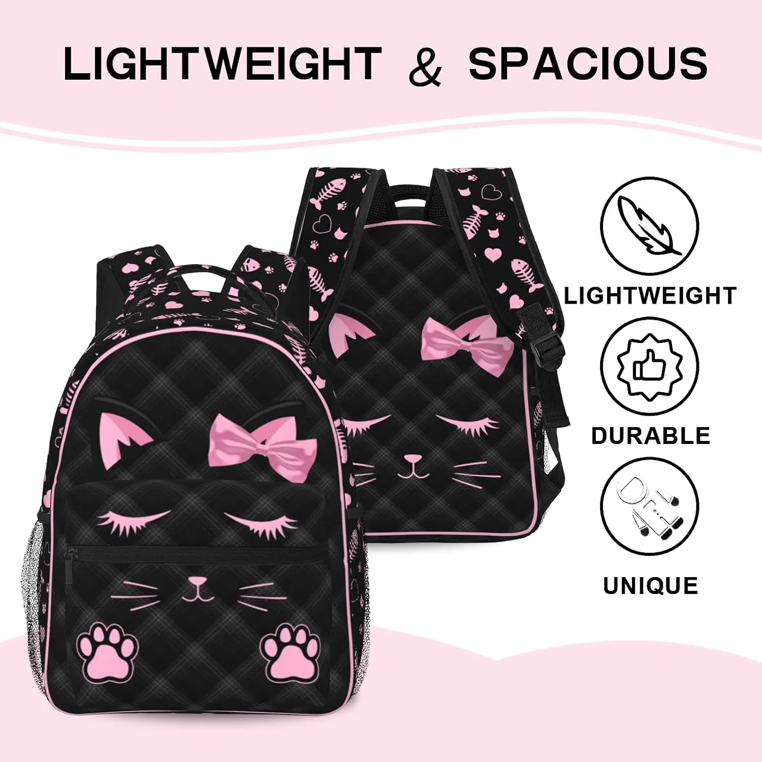 SENROLAN Cute Cat Backpack for Girls Black Pink Animal Cat Print School Bags Lightweight Waterproof Adjustable Students Bookbag for Kids Children Teenager Travel Daypack