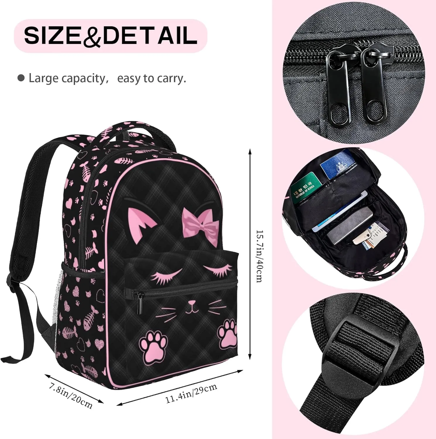 SENROLAN Cute Cat Backpack for Girls Black Pink Animal Cat Print School Bags Lightweight Waterproof Adjustable Students Bookbag for Kids Children Teenager Travel Daypack