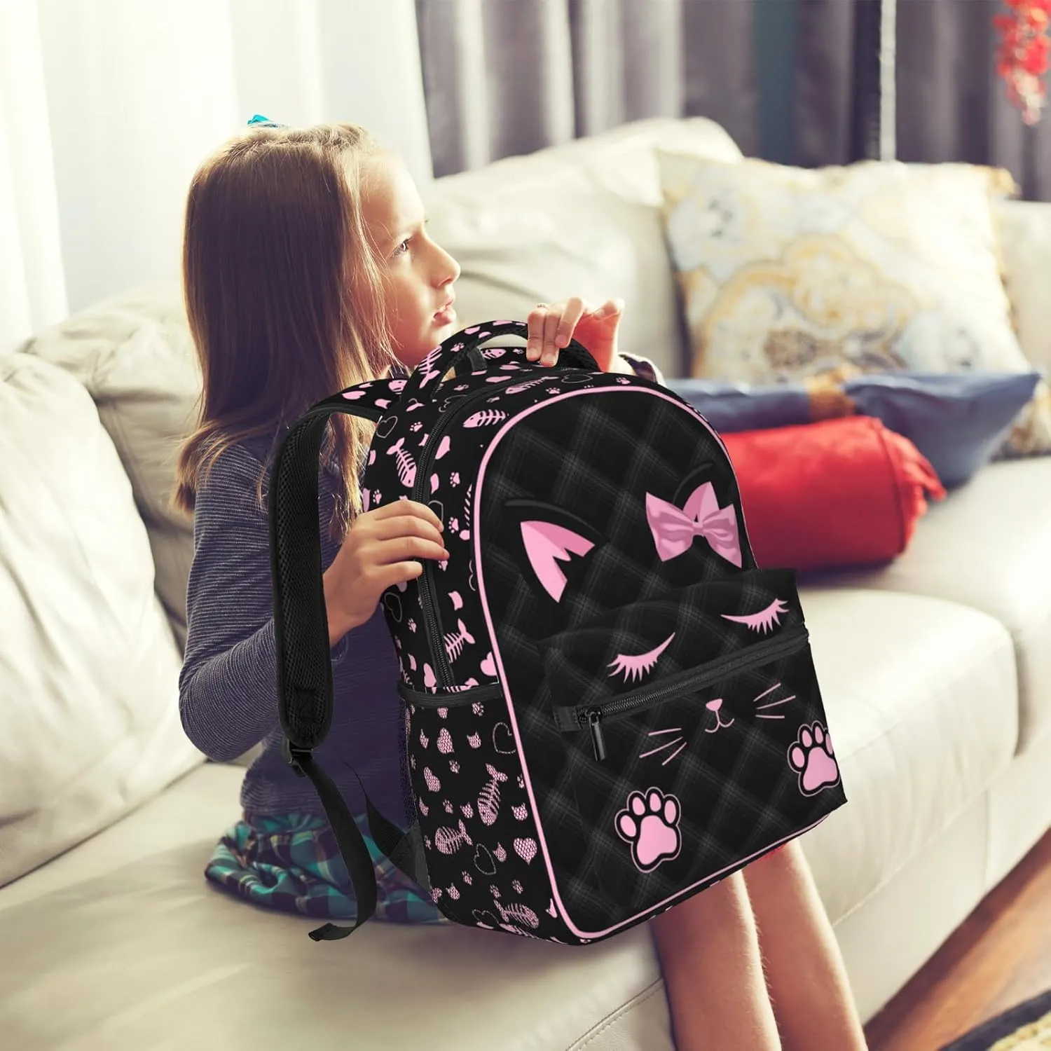 SENROLAN Cute Cat Backpack for Girls Black Pink Animal Cat Print School Bags Lightweight Waterproof Adjustable Students Bookbag for Kids Children Teenager Travel Daypack