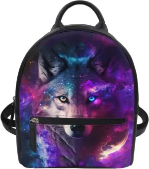 Showudesigns Galaxy Wolf Backpack Teenager Purse Casual Mini Backpacks for Girls Trendy Travel Bag Daypack Leather Purse Women Mini Shoulder Bag Purple