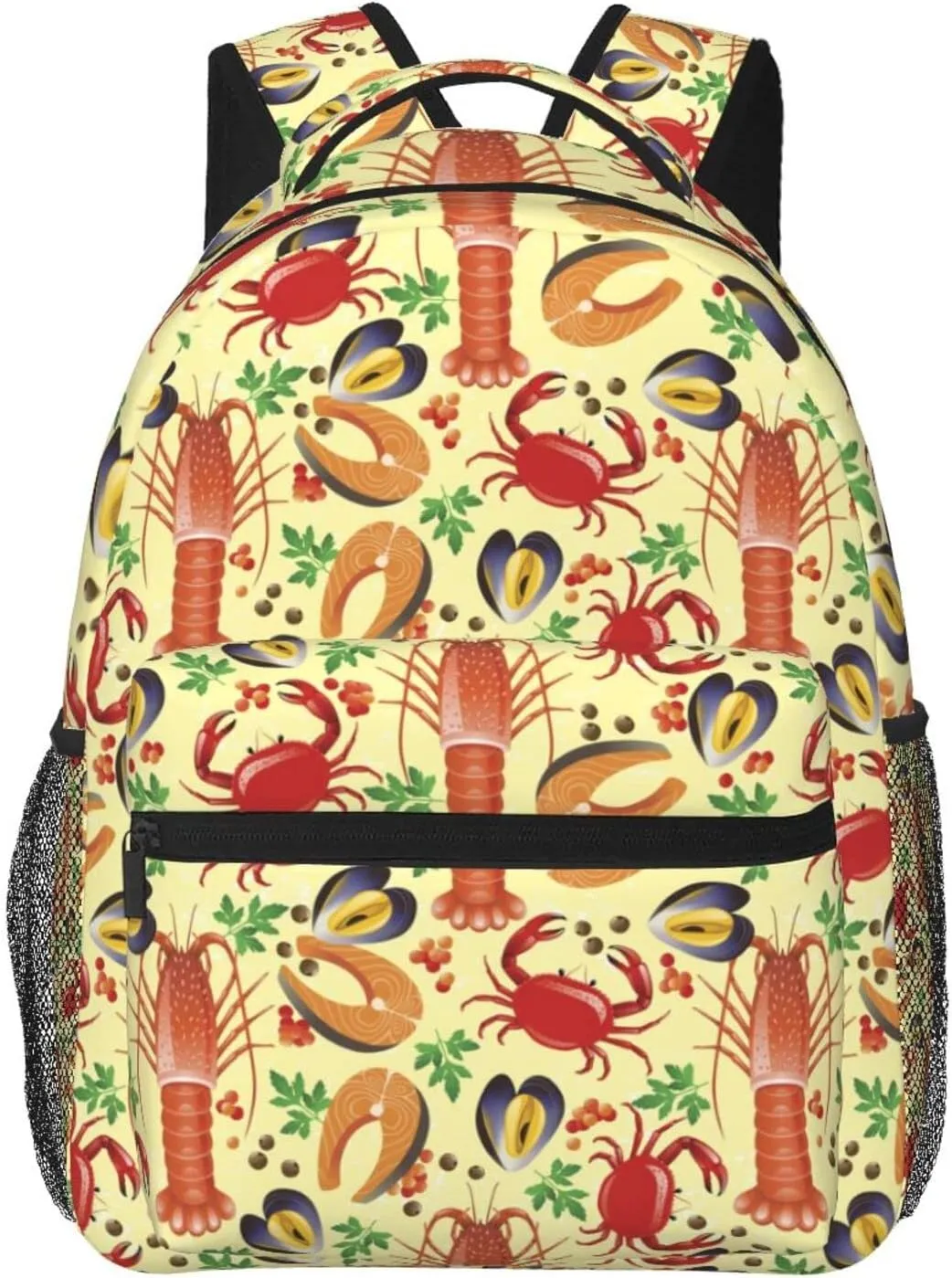 Shrimp Crab Seafood Pattern Backpack for Women Men Worker Teacher Business Travel Backpacks Shoulders Bag Daypack Bookbag with Mesh Pockets