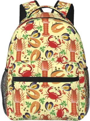 Shrimp Crab Seafood Pattern Backpack for Women Men Worker Teacher Business Travel Backpacks Shoulders Bag Daypack Bookbag with Mesh Pockets
