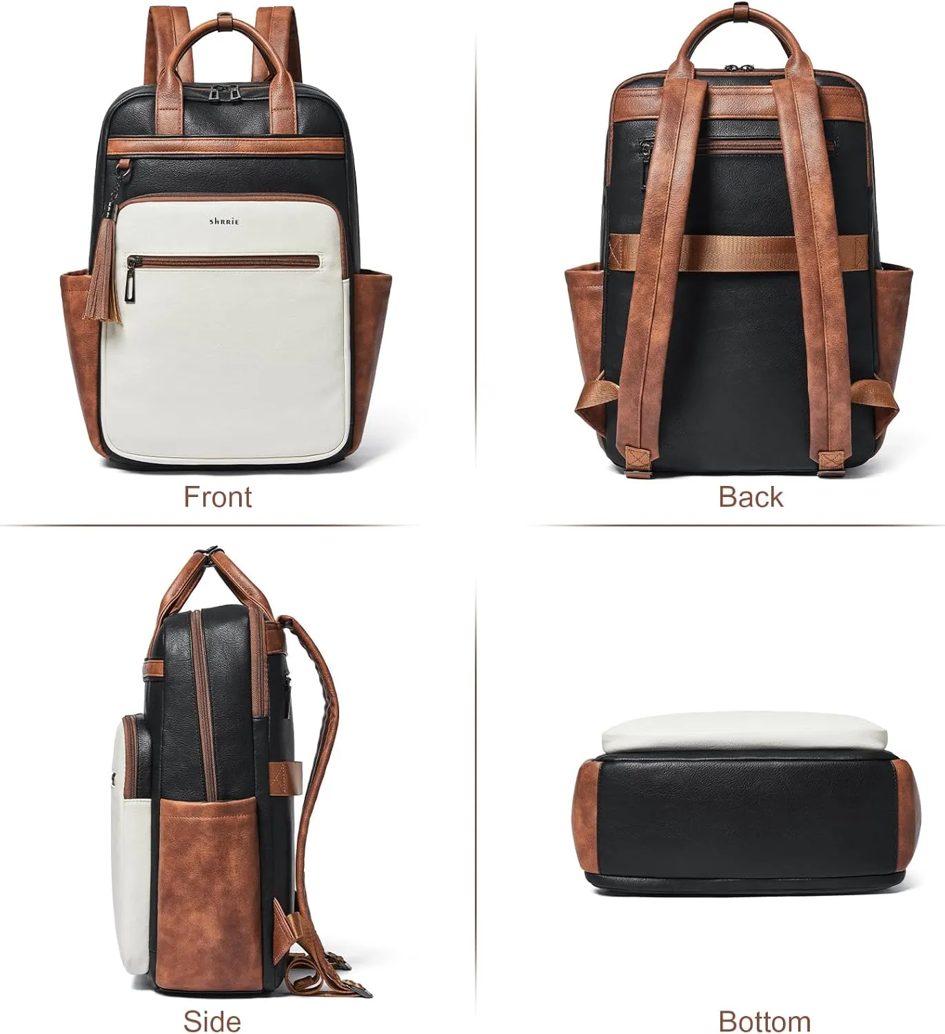 Shrrie Laptop Backpack for Women 15.6 inch Travel Leather Backpack Purse Work Computer Backpacks for Business College Black With Brown and White