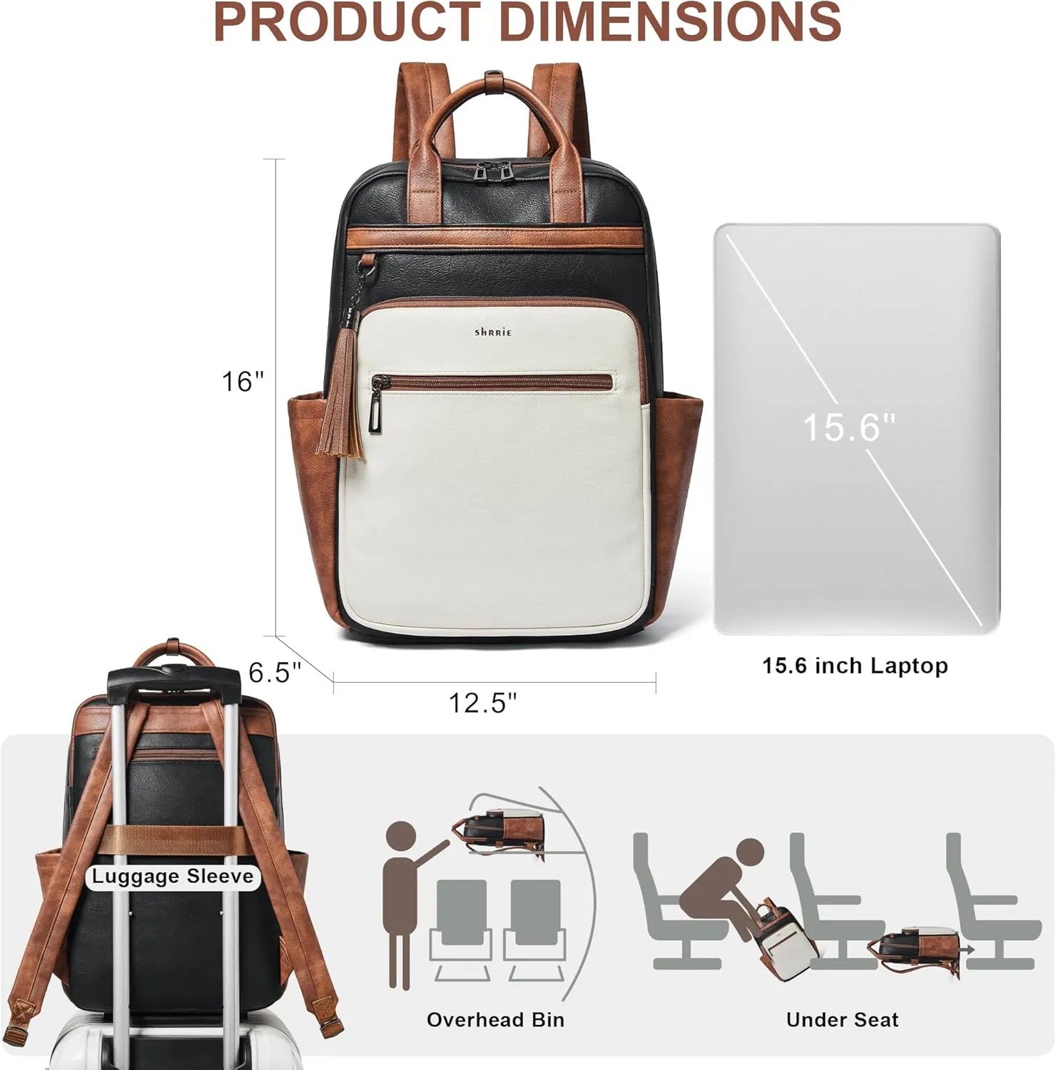 Shrrie Laptop Backpack for Women 15.6 inch Travel Leather Backpack Purse Work Computer Backpacks for Business College Black With Brown and White