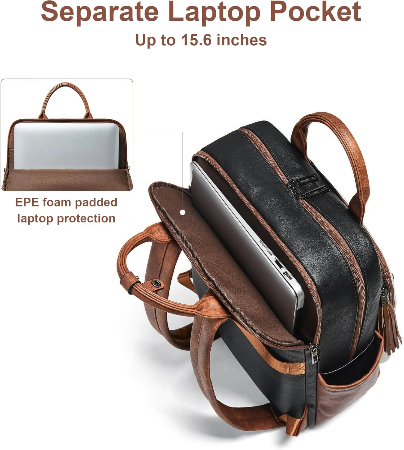 Shrrie Laptop Backpack for Women 15.6 inch Travel Leather Backpack Purse Work Computer Backpacks for Business College Black With Brown and White