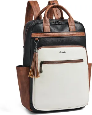Shrrie Laptop Backpack for Women 15.6 inch Travel Leather Backpack Purse Work Computer Backpacks for Business College Black With Brown and White