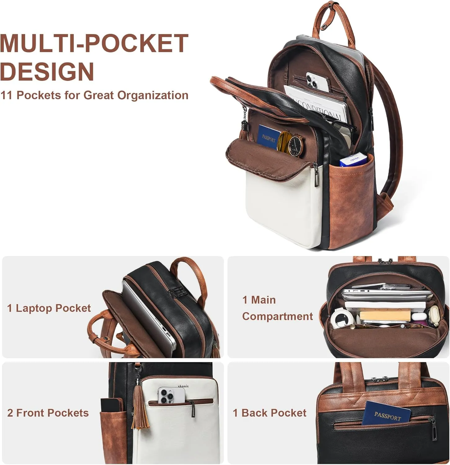 Shrrie Laptop Backpack for Women 15.6 inch Travel Leather Backpack Purse Work Computer Backpacks for Business College Black With Brown and White