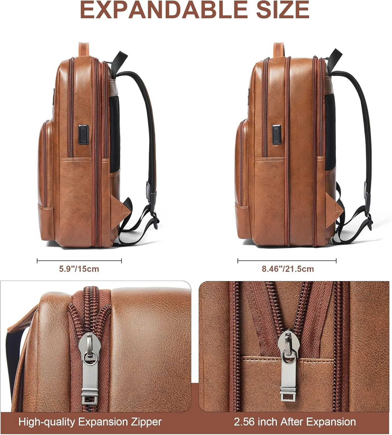 Shrrie Leather Laptop Backpack for Women and Men,28 L Travel Backpack Computer Bag Fits 16 inch Laptop,Expandable Casual Daypack with USB Charging Port for Work Business Weekender College,Brown
