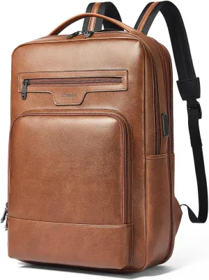 Shrrie Leather Laptop Backpack for Women and Men,28 L Travel Backpack Computer Bag Fits 16 inch Laptop,Expandable Casual Daypack with USB Charging Port for Work Business Weekender College,Brown