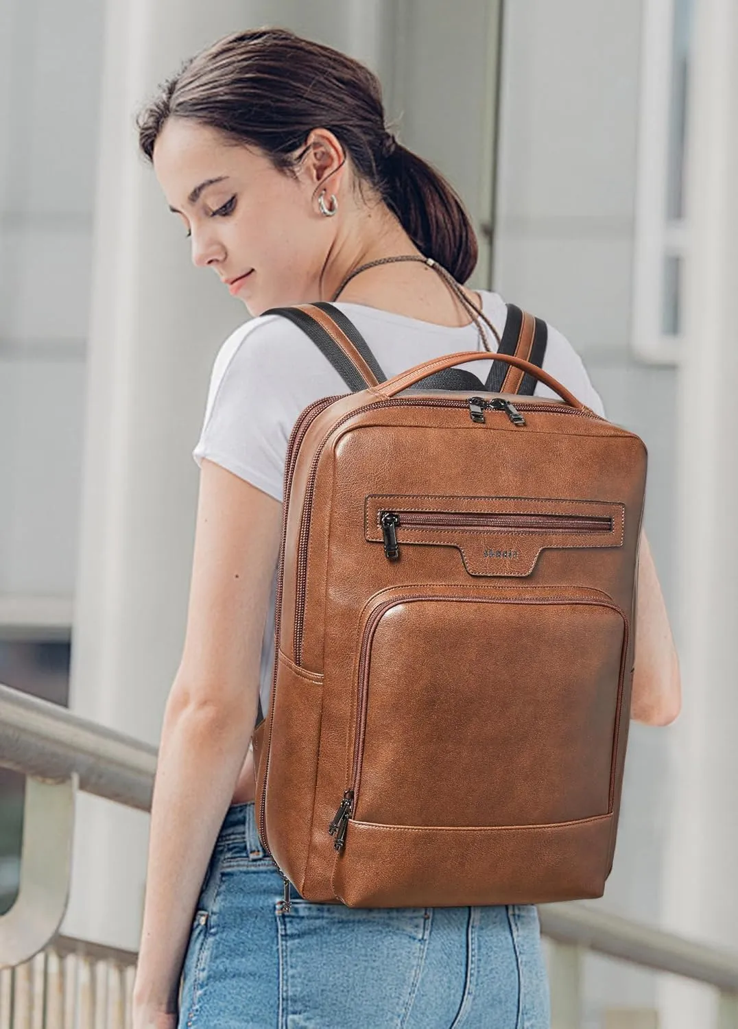 Shrrie Leather Laptop Backpack for Women and Men,28 L Travel Backpack Computer Bag Fits 16 inch Laptop,Expandable Casual Daypack with USB Charging Port for Work Business Weekender College,Brown