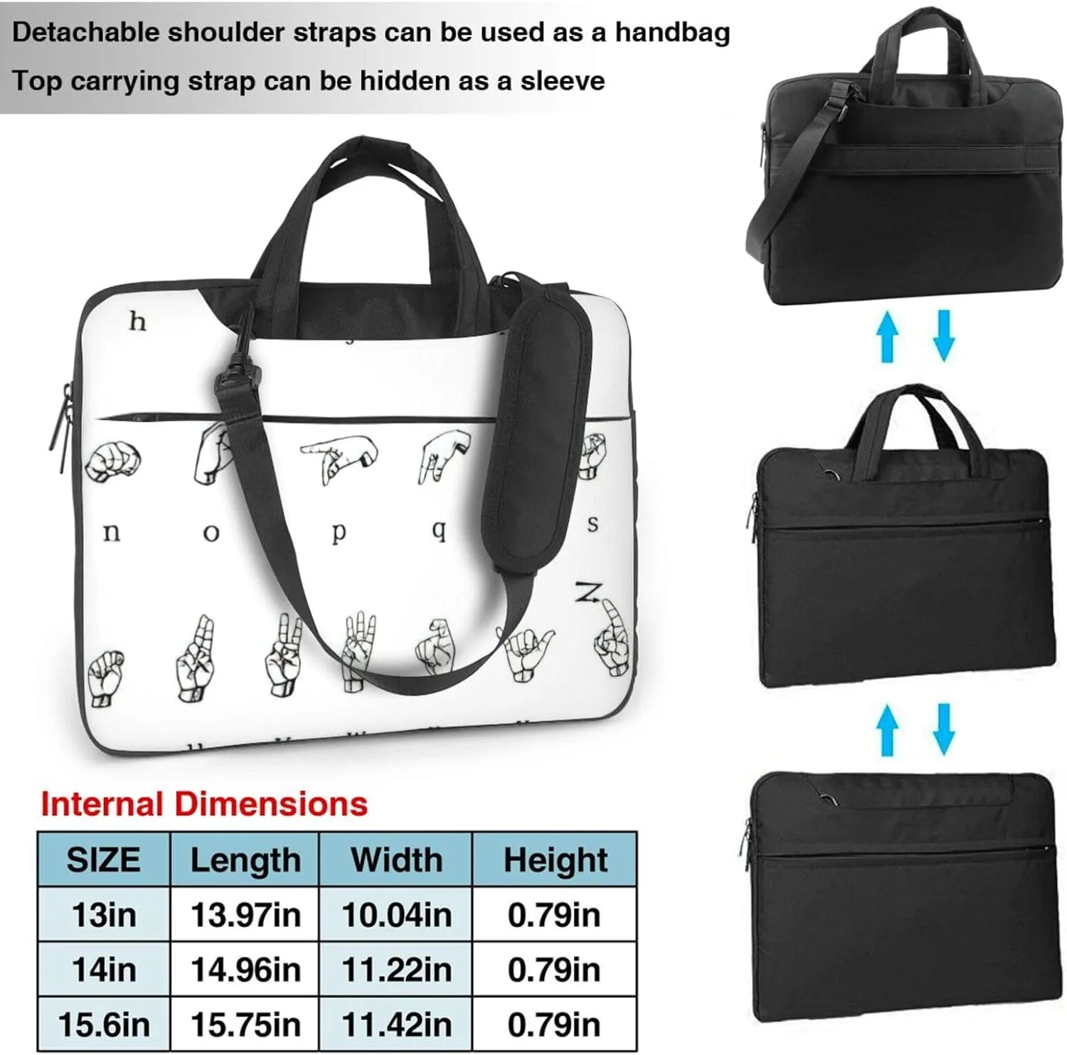 Sign Language Alphabet Print Large Capacity Portable Crossbody Cute Laptop Bag For Women Men, 13 14 15.6 in