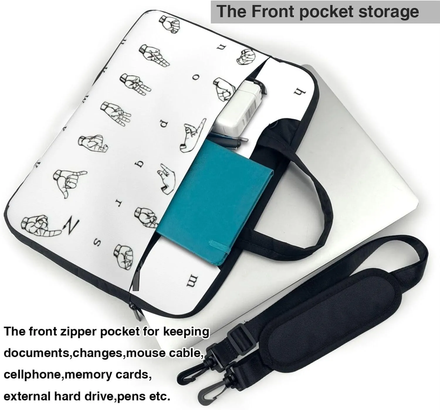 Sign Language Alphabet Print Large Capacity Portable Crossbody Cute Laptop Bag For Women Men, 13 14 15.6 in