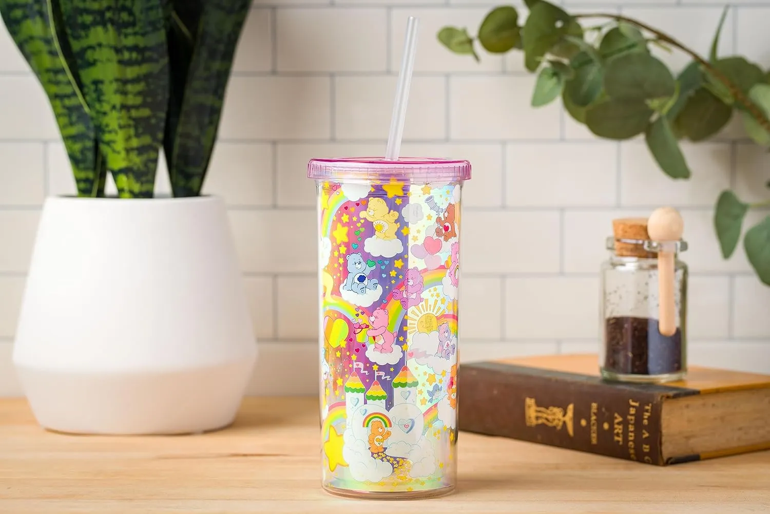Silver Buffalo Care Bears Rainbow Stars Featuring Funshine, Grumpy, Cheer, Tenderheart Iridescent Plastic Tall Cold Cup With Lid and Straw, 20 Ounces