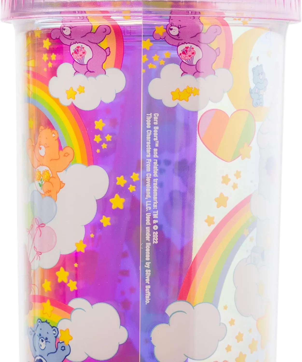 Silver Buffalo Care Bears Rainbow Stars Featuring Funshine, Grumpy, Cheer, Tenderheart Iridescent Plastic Tall Cold Cup With Lid and Straw, 20 Ounces