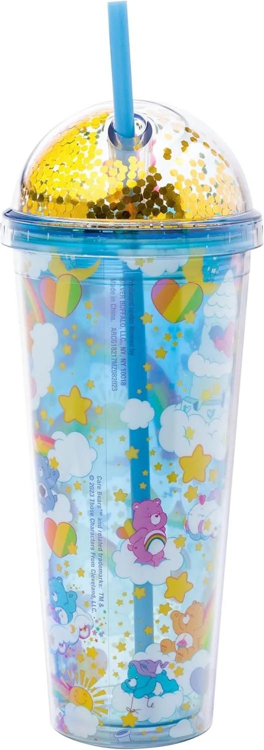 Silver Buffalo Care Bears Travel Tumbler, 24 Ounces - Featuring Love-A-Lot, Tenderheart, Grumpy, Cheer, Bedtime Bears - Glitter Top Dome
