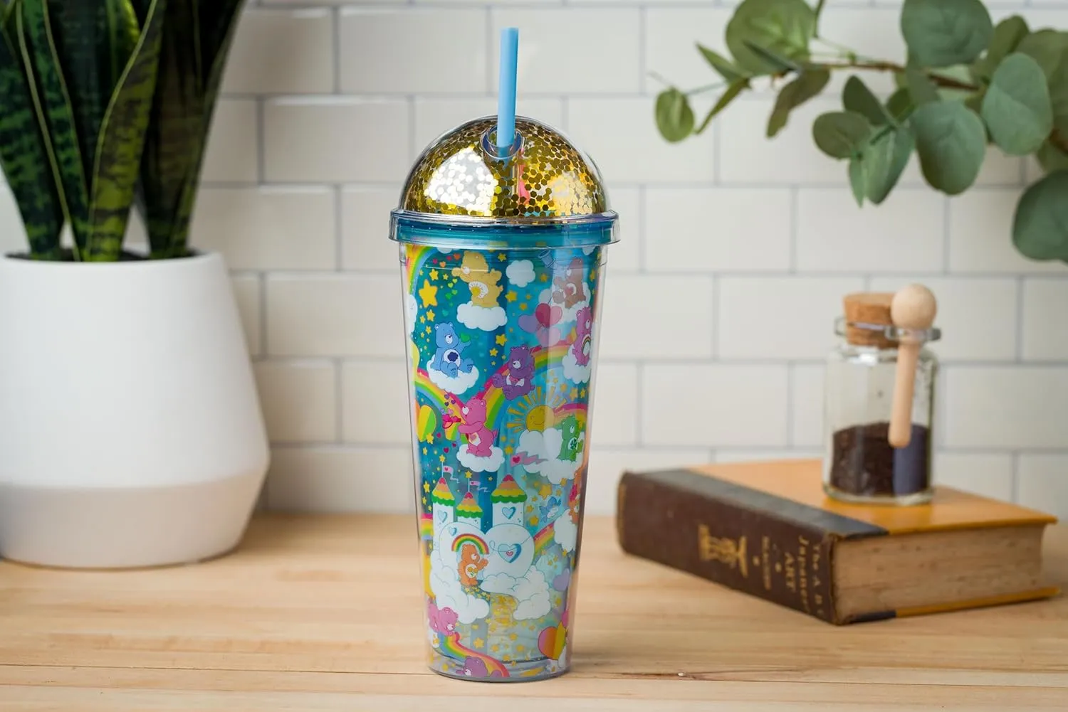 Silver Buffalo Care Bears Travel Tumbler, 24 Ounces - Featuring Love-A-Lot, Tenderheart, Grumpy, Cheer, Bedtime Bears - Glitter Top Dome