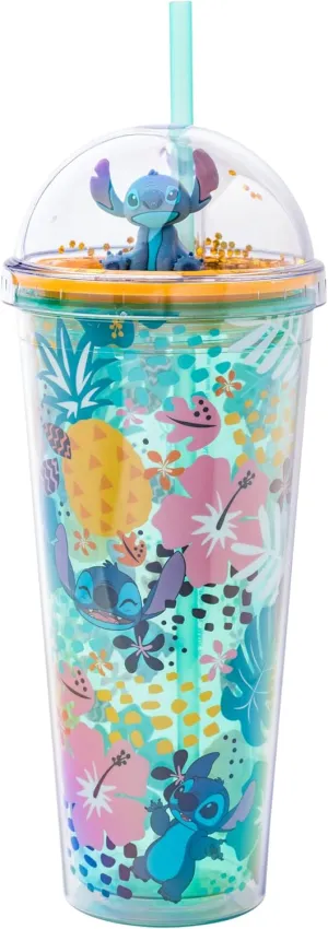 Silver Buffalo Disney Lilo and Stitch Aloha Tropical Leaves Pattern Dome Glitter Top Travel Tumbler, 24 Ounces