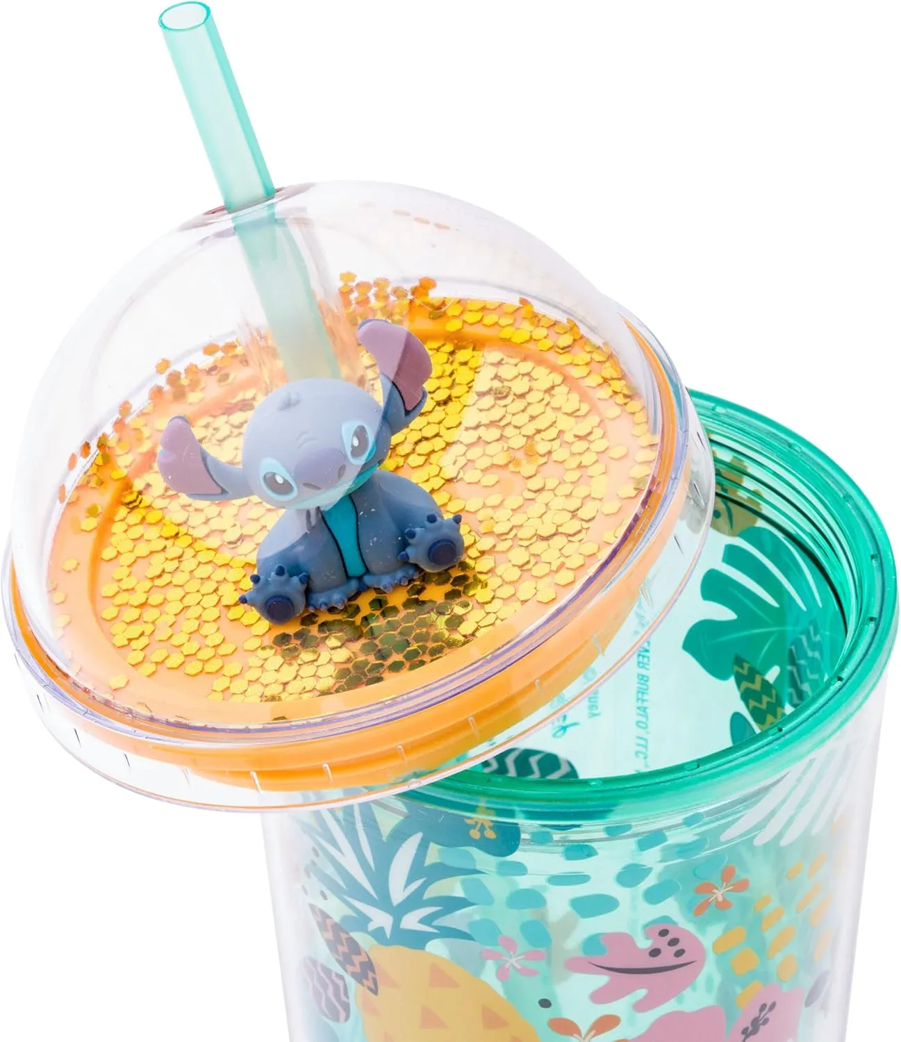 Silver Buffalo Disney Lilo and Stitch Aloha Tropical Leaves Pattern Dome Glitter Top Travel Tumbler, 24 Ounces