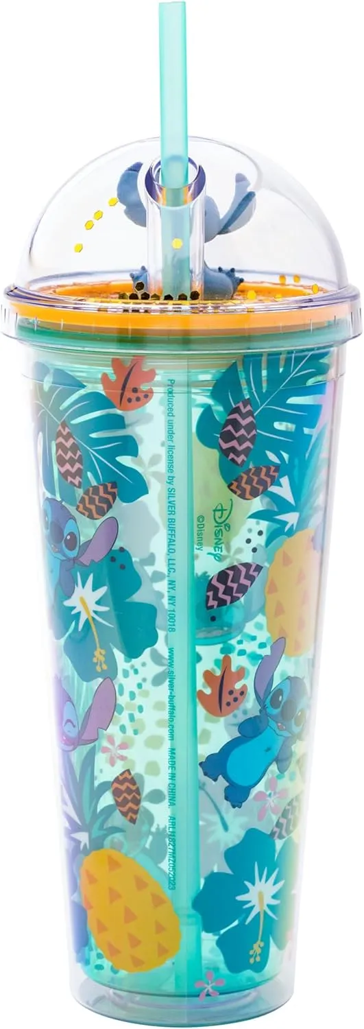 Silver Buffalo Disney Lilo and Stitch Aloha Tropical Leaves Pattern Dome Glitter Top Travel Tumbler, 24 Ounces