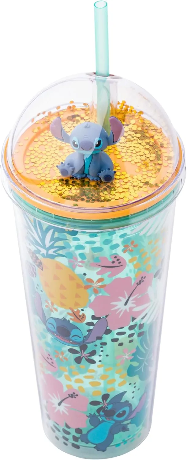 Silver Buffalo Disney Lilo and Stitch Aloha Tropical Leaves Pattern Dome Glitter Top Travel Tumbler, 24 Ounces