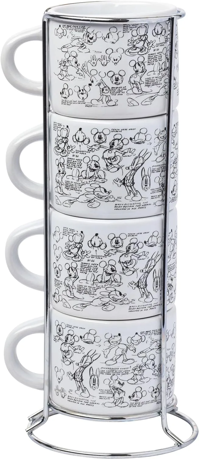 Silver Buffalo Disney Mickey Mouse Vintage Sketches Art 4pc Stackable Ceramic Espresso Small Cup Set, 3 Ounces