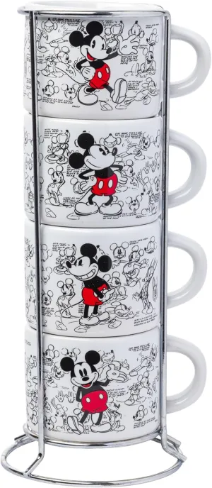 Silver Buffalo Disney Mickey Mouse Vintage Sketches Art 4pc Stackable Ceramic Espresso Small Cup Set, 3 Ounces
