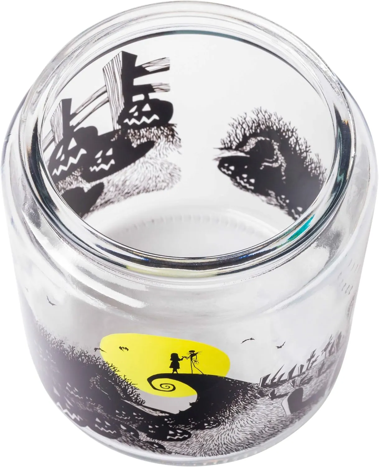 Silver Buffalo Disney Tim Burton Nightmare Before Christmas Moon Hill Graveyard Scene Jack Skellington and Sally Glass Cookie Snack Candy Jar with Lid (Small)