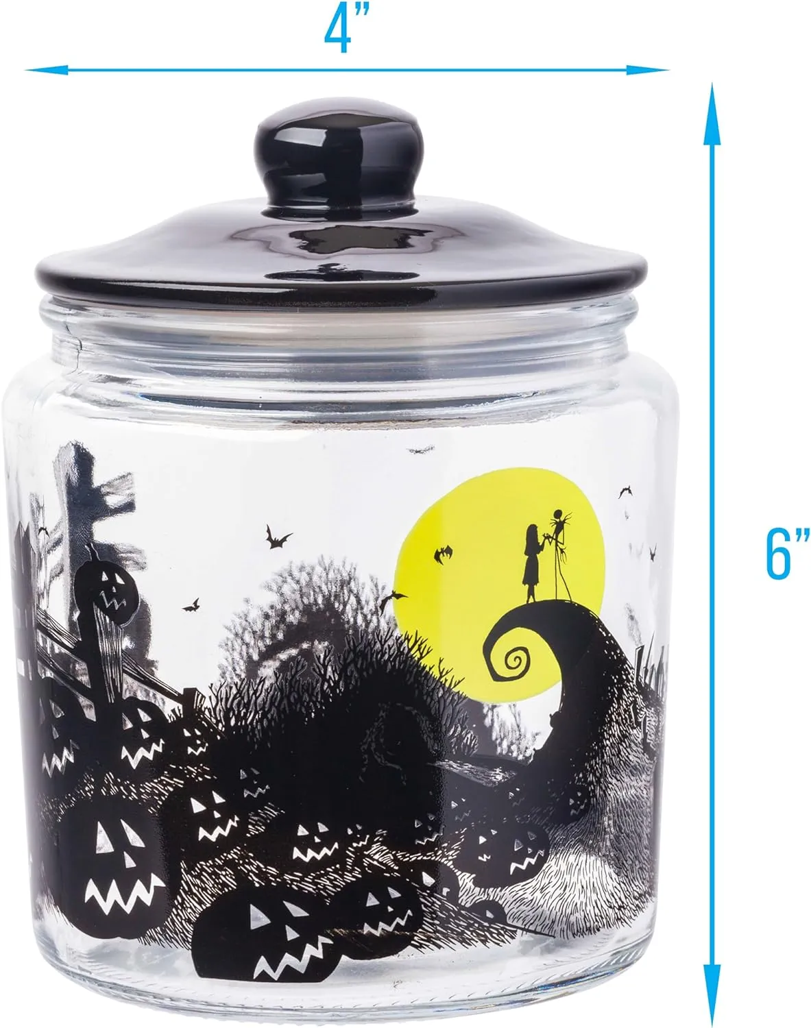 Silver Buffalo Disney Tim Burton Nightmare Before Christmas Moon Hill Graveyard Scene Jack Skellington and Sally Glass Cookie Snack Candy Jar with Lid (Small)