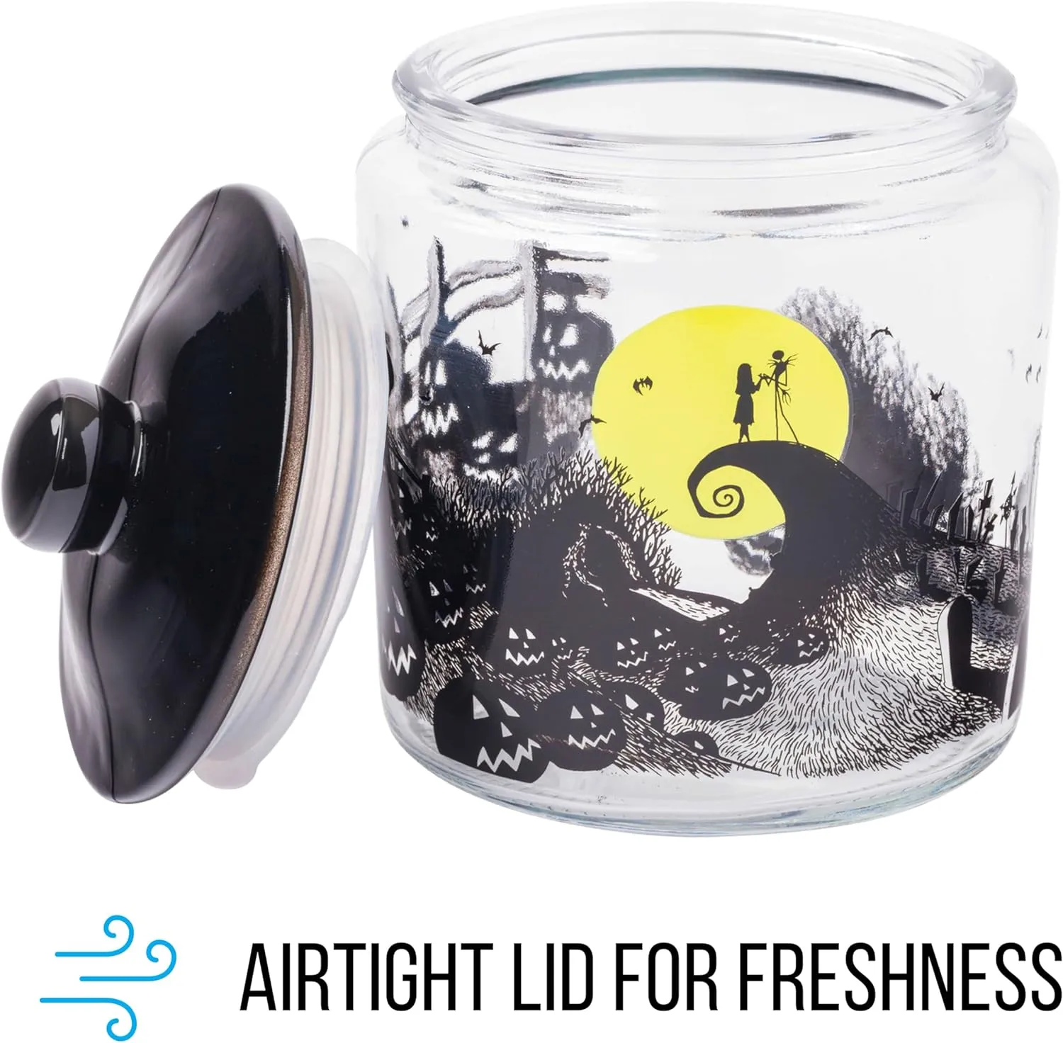 Silver Buffalo Disney Tim Burton Nightmare Before Christmas Moon Hill Graveyard Scene Jack Skellington and Sally Glass Cookie Snack Candy Jar with Lid (Small)