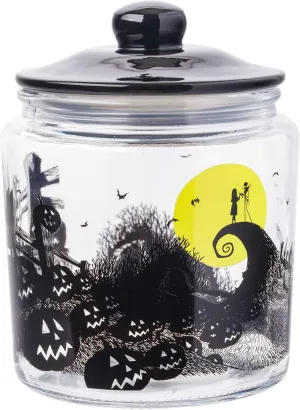 Silver Buffalo Disney Tim Burton Nightmare Before Christmas Moon Hill Graveyard Scene Jack Skellington and Sally Glass Cookie Snack Candy Jar with Lid (Small)
