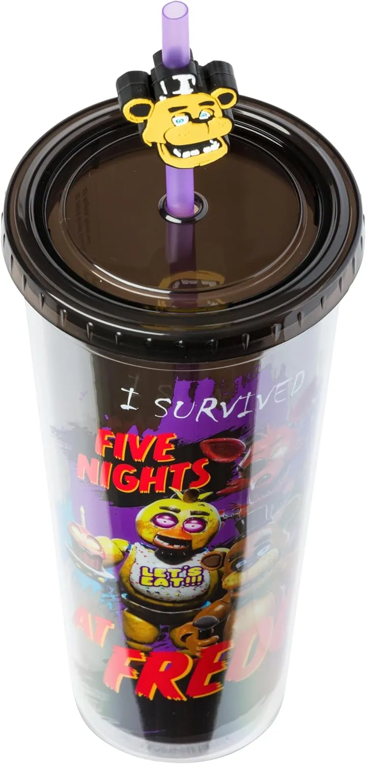 Silver Buffalo Five Nights at Freddy's I Survived Plastic Cold Cup with Lid and Topper Straw, 24 Ounces