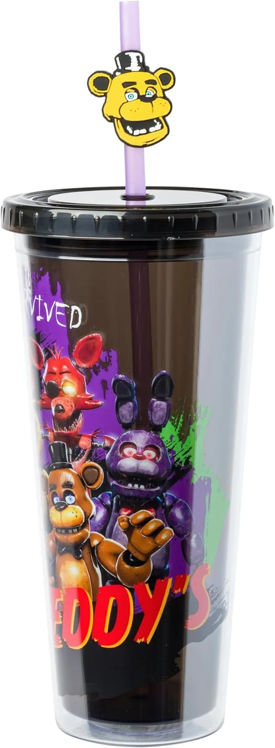 Silver Buffalo Five Nights at Freddy's I Survived Plastic Cold Cup with Lid and Topper Straw, 24 Ounces