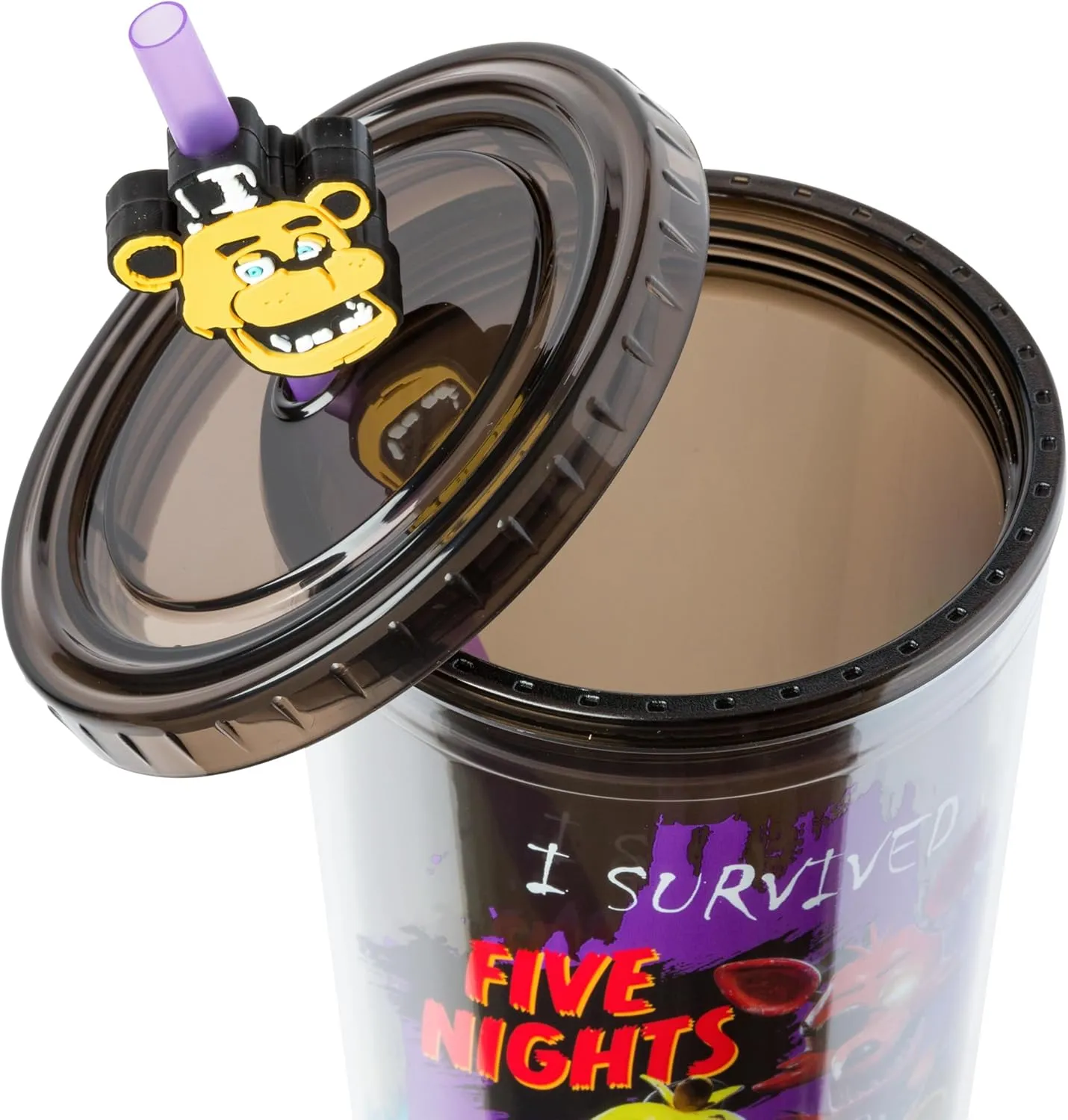 Silver Buffalo Five Nights at Freddy's I Survived Plastic Cold Cup with Lid and Topper Straw, 24 Ounces