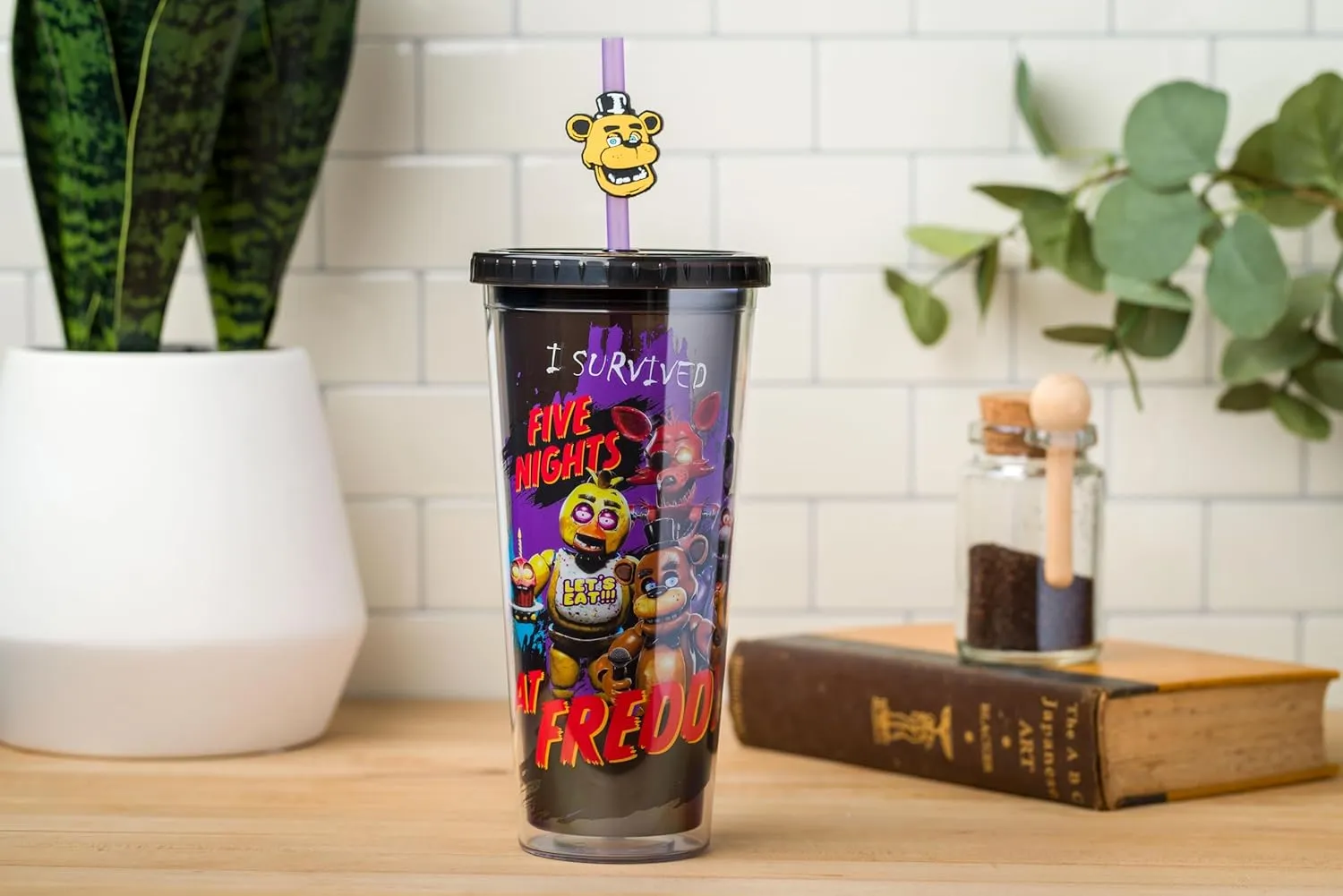 Silver Buffalo Five Nights at Freddy's I Survived Plastic Cold Cup with Lid and Topper Straw, 24 Ounces