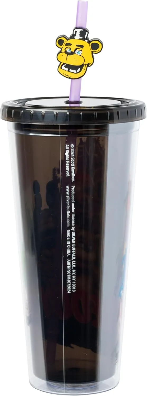 Silver Buffalo Five Nights at Freddy's I Survived Plastic Cold Cup with Lid and Topper Straw, 24 Ounces