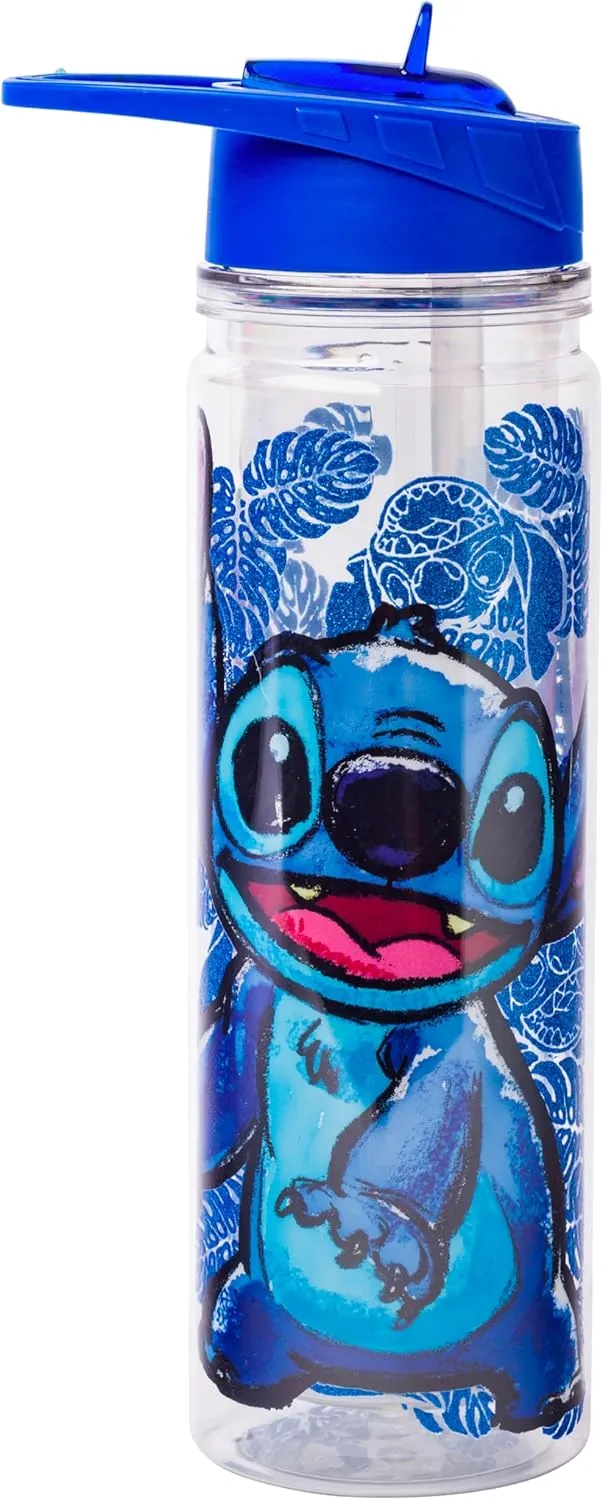 Silver Buffalo Lilo and Stitch Floral Sketch Glitter Double Walled Tritan Water Bottle, 18-Ounce