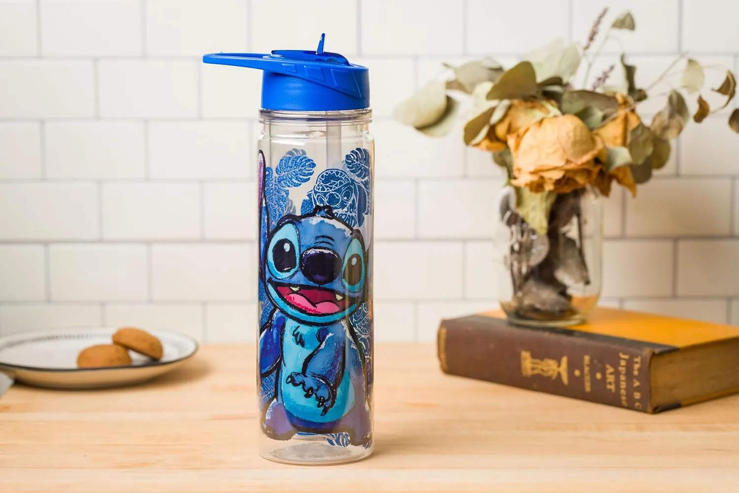 Silver Buffalo Lilo and Stitch Floral Sketch Glitter Double Walled Tritan Water Bottle, 18-Ounce