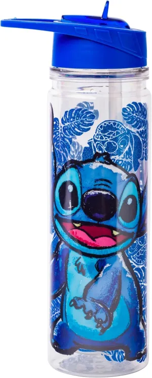 Silver Buffalo Lilo and Stitch Floral Sketch Glitter Double Walled Tritan Water Bottle, 18-Ounce