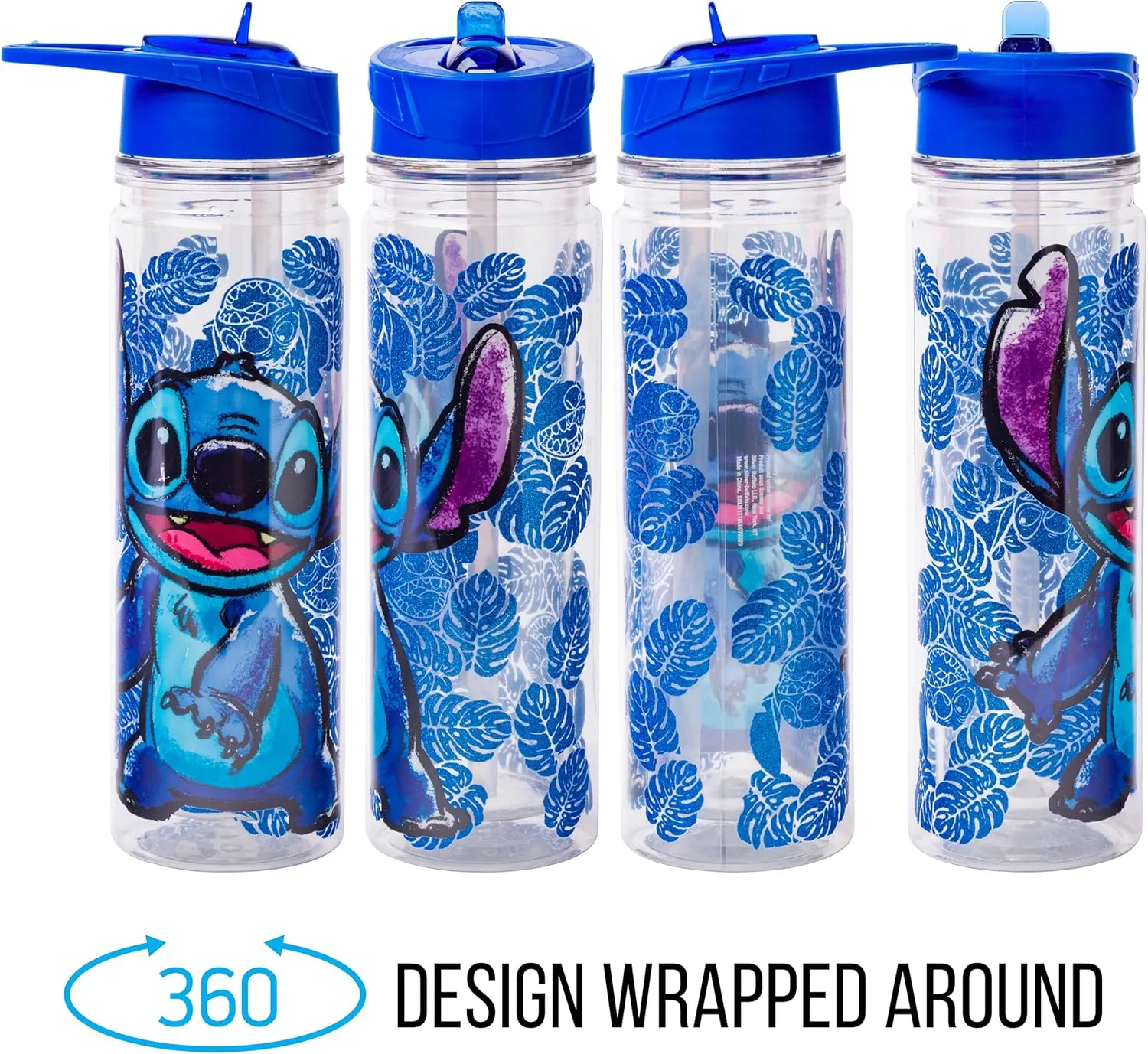 Silver Buffalo Lilo and Stitch Floral Sketch Glitter Double Walled Tritan Water Bottle, 18-Ounce