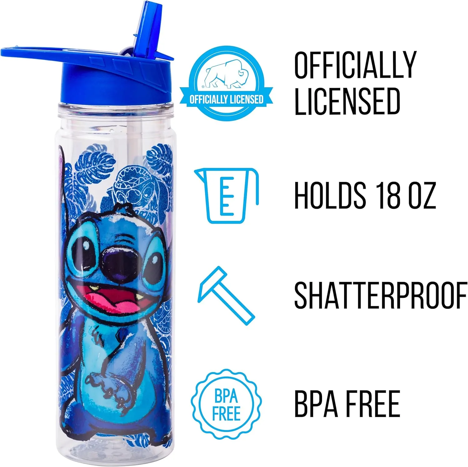 Silver Buffalo Lilo and Stitch Floral Sketch Glitter Double Walled Tritan Water Bottle, 18-Ounce